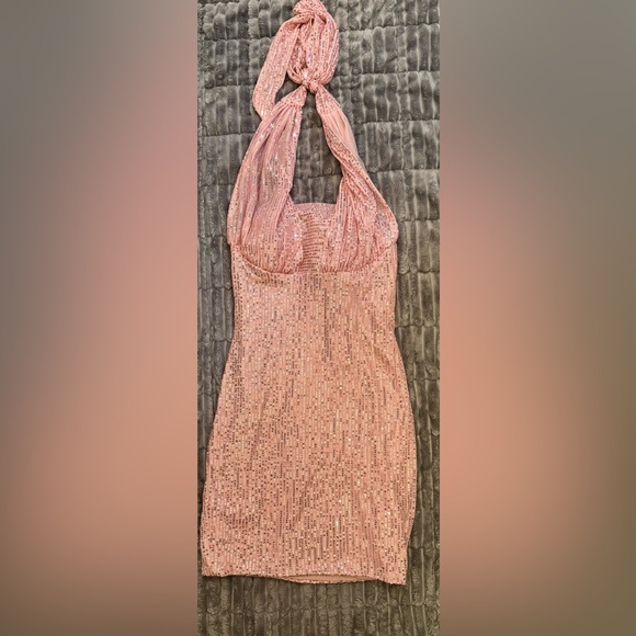 Sparkling Pink Sequin Halter Mini Dress NWOT - Picture 2 of 12